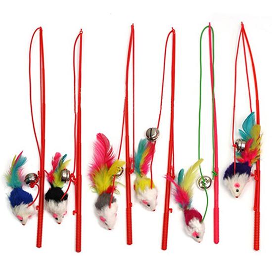Pet Cat Bell The Dangle Faux Mouse Feather Rod Roped Funny Fun Playing Toy Funny Fishing Rod Game Wand Feather Stick Toy For cat