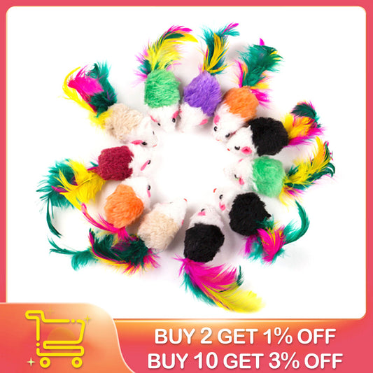 10pcs Pet Cat Toys False Mouse Mini Funny Playing Toys for Cats with Colorful Feather Plush Mini Mouse Toys Pet Supplies