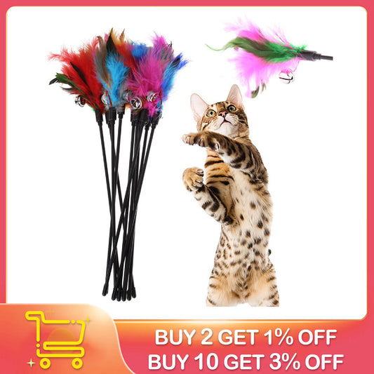 5pcs/lot Cat Toys Feather Wand Kitten Cat Teaser Turkey Feather Interactive Stick Toy Wire Chaser Wand Toy Random Color