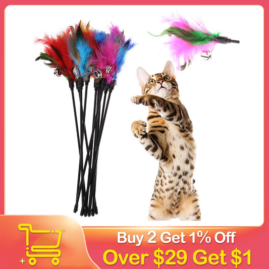 5pcs/lot Cat Toys Feather Wand Kitten Cat Teaser Turkey Feather Interactive Stick Toy Wire Chaser Wand Toy Random Color