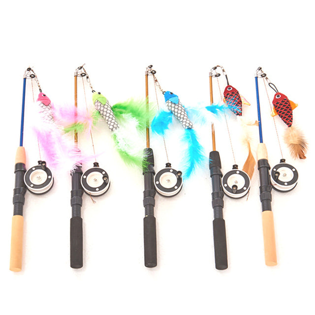 Fish Shape Telescopic Feathers Cute Cat Stick Pet Toy Rods Simulation Fishing Rod Kitten Playing Toy